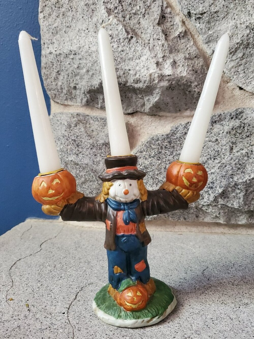 Vintage Halloween Candleholder Scarecrow holding Pumpkins ABC Distributing